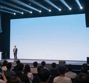 A wide-angle shot of a successful live-streamed event on a large stage, featuring professional lighting and an audience. The aesthetic is clean and modern, incorporating soft blue gradients (#6DA4BF) in the atmosphere.