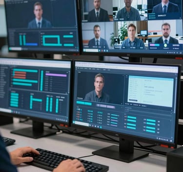 An advanced media control room with professional monitors showing high-definition streaming analytics and live broadcast feeds, using a color palette of #0A1D2B and #2C5F6F to convey efficiency.