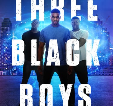Book cover for Three Black Boys: Tomorrow After Supper by Zangba Thomson featuring three young men and a city skyline.