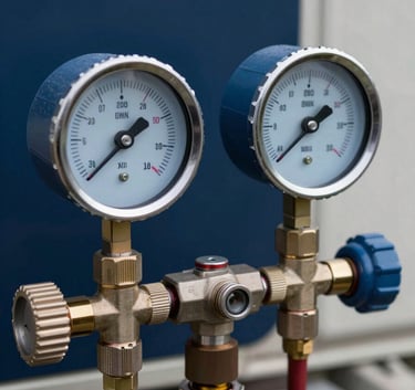 Close-up of high-precision manifold gauges used for measuring refrigerant gas pressure, connected to an outdoor air conditioning unit, sharp focus on the digital dials, professional technical equipment, medium blue and dark navy background.