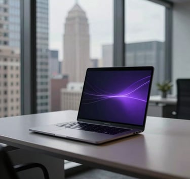 A minimalist and premium workspace with a sleek laptop and subtle violet light trails, set in a high-rise office in a North American / International city.