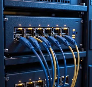 Un primer plano cinematográfico de cables de red y un router profesional con luces LED parpadeando en una sala de servidores moderna en América Latina, tonos azul marino y oro.