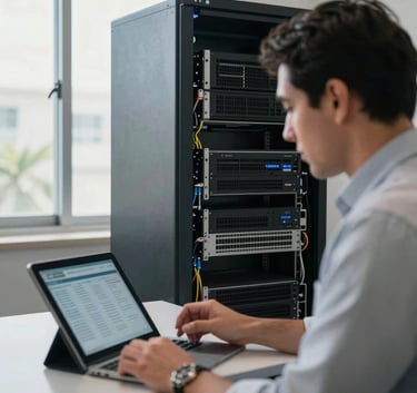 Un ingeniero de redes en América Latina revisando una tableta frente a un rack de servidores, con luz natural entrando por la ventana, estilo profesional y tecnológico.
