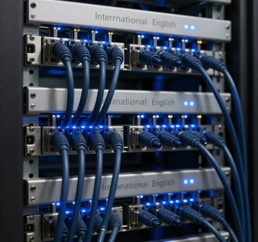 A photograph showing a professional networking rack with neatly organized navy blue cables and flashing steel blue LED lights, set within a modern International English data center.