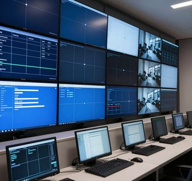 A wide photography shot of a professional security monitoring station in a International English office, featuring several wall-mounted screens displaying navy blue and steel blue interfaces, sleek and high-tech atmosphere.