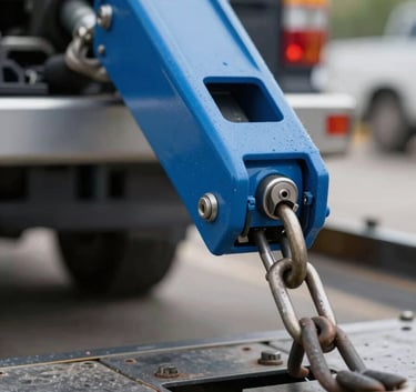 Close-up of a tow truck mechanism and safety chains during a vehicle recovery operation. Clean, technical, and professional photography with highlights of #8DAFB5.