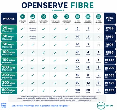 Openserve fibre internet package comparison chart showing download speeds, pricing, and streaming capabilities.