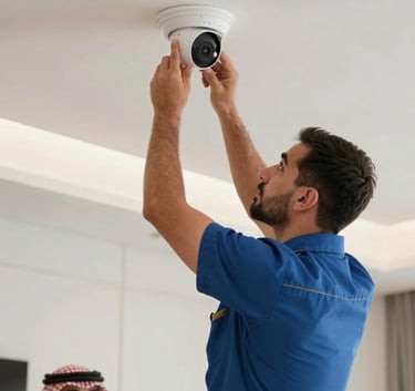 A professional technician in a clean uniform installing an IP camera on a high ceiling of a modern Middle Eastern / Saudi Arabian home, focused composition, bright and professional lighting, Steel Blue accents.