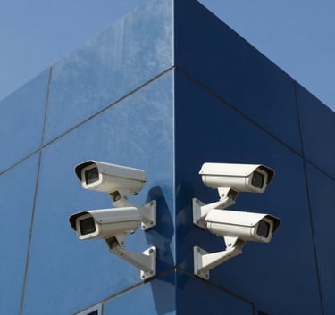 A high-angle professional shot of multiple security cameras installed on the corner of a modern architectural building in Riyadh, clear blue sky, sleek design, authoritative feel, incorporating Navy and Steel Blue colors.