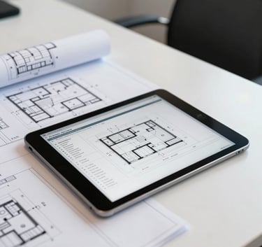 A clean, modern professional desk featuring detailed architectural blueprints and a tablet displaying technical project data, North American / International Business office, bright and focused lighting.