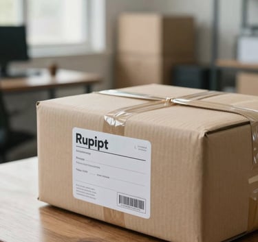 A clean, high-end close-up of a neatly packaged parcel with a minimalist shipping label, sitting on a polished wooden surface in a bright warehouse office. Soft daylight coming from a window, emphasizing efficiency and trust.