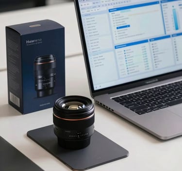 A sleek, professional desk setup with a laptop displaying a complex data analytics dashboard with blue and light gray highlights. Beside it is a high-quality consumer product in sophisticated packaging. Shallow depth of field, Northern European office style.