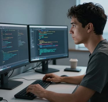 A South American software developer examining lines of code on multiple monitors in a high-tech, clean environment, dramatic but professional Muted Blue lighting shadows.