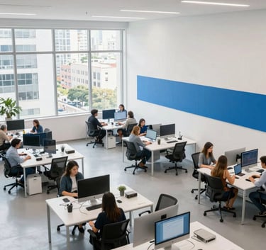An aerial wide shot of a bright, minimalist tech workspace in a Brazilian urban center, with teams collaborating around white desks, large windows with soft daylight, Alice Blue accents in the decor.