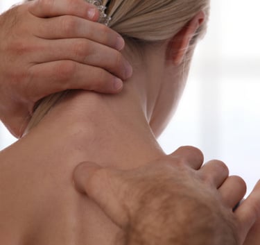 a woman is shown with a man's hands on her shoulder