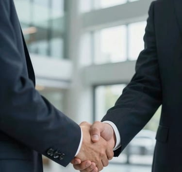 A professional close-up of two business partners in suits shaking hands in a bright, modern glass-walled lobby, conveying reliability and mutual success.