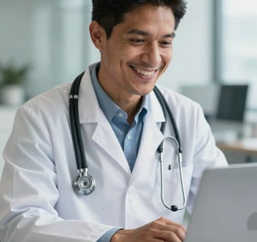 A professional South American doctor smiling warmly in a bright, modern medical office setting, wearing a white coat and stethoscope, looking into a laptop screen with confidence.