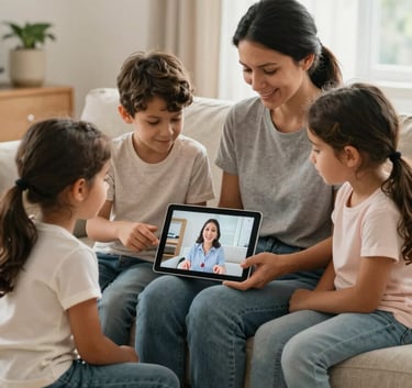A South American family sitting comfortably on a sofa in a sunlit living room, engaging in a telemedicine consultation via a tablet, bright and caring environment.