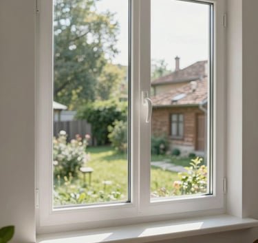 A detailed photography shot of a newly installed, large white PVC window with a clean finish, overlooking a green yard in a Southeastern European / Bulgarian neighborhood. Soft morning sunlight creates a bright and welcoming atmosphere.