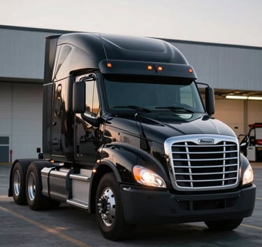 A sleek, black Freightliner semi-truck parked in a modern North American logistics hub at dusk, dramatic lighting highlighting the chrome accents, professional and bold photography.