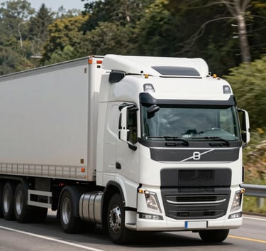 A clean white Volvo semi-truck with a dry van trailer traveling on a scenic North American highway, bright daylight, high-quality commercial photography.