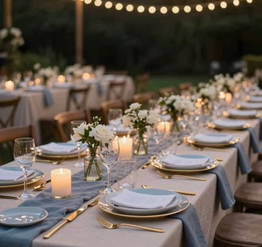 A high-end outdoor evening gala in North America, featuring long tables with beige linens, gold cutlery, and slate blue accents under elegant string lights.