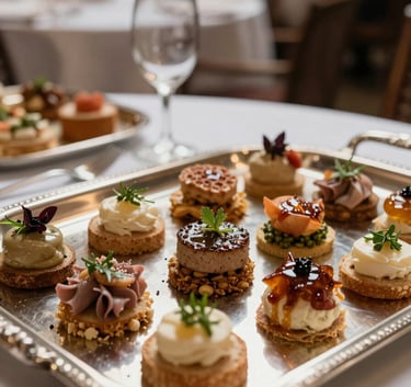 Close-up of elegant gourmet catering appetizers on a silver tray, garnished with fresh herbs, in a sophisticated North American ballroom setting.