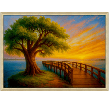 a painting of an old tree and jetty in a sunset canvas print also available in float frames