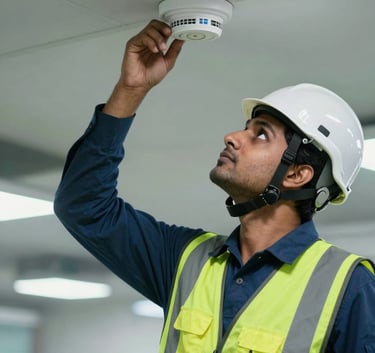 A skilled South Asian / Indian technician wearing a reflective safety vest and helmet is meticulously installing a smoke detector on the ceiling of a modern commercial facility. The scene conveys reliability and advanced expertise.