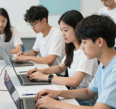 A group of students in a modern North American / US learning environment engaging with advanced digital literacy tools. The setting is bright and clean, emphasizing critical thinking and future-ready skills with soft blue and pale azure accents.