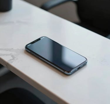 A high-angle close-up shot of an Android smartphone resting on a white marble desk in a minimalist North American office; the screen glow reflects soft blue light.