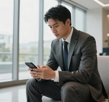 A focused North American professional in a tailored dark grey suit uses a smartphone while sitting in a bright, modern lobby with floor-to-ceiling glass windows.