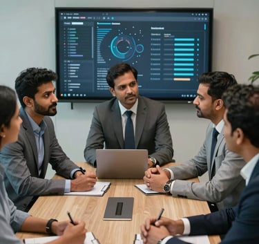 A group of focused professionals in a South Asian / Indian boardroom, engaged in a collaborative discussion, wearing modern business attire, with high-tech presentation tools in the background.