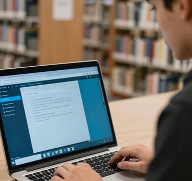 A close-up of a student focused on a laptop in a modern North American university library. The screen displays a clean productivity interface with deep cyan and electric blue highlights. Soft, natural lighting.