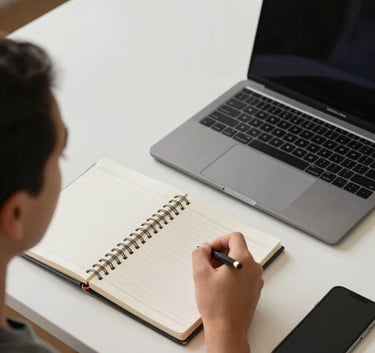 Professional high-angle photography of a student's workspace featuring a notebook, a sleek laptop, and a smartphone. The background shows a clean, modern North American interior with off-white and charcoal tones.