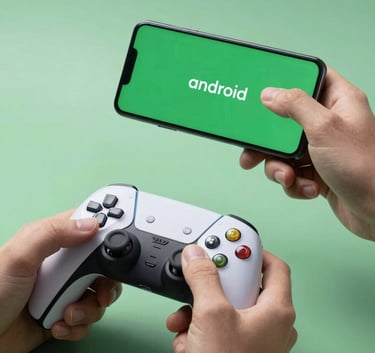 An action-oriented photography shot of hands holding a gaming controller near an Android device. The scene is illuminated by Sage Green ambient light, suggesting technological sophistication and entertainment. International / Global.