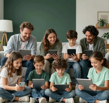 A wide shot of an International / Global family in a modern living space, smiling and interacting with several tablets and phones. The lighting is soft and natural. Accents of Dark Forest Green and Pale Mint Green appear in the decor, creating a user-friendly and approachable mood.