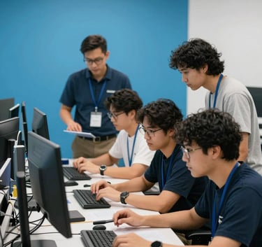 A group of professional learners in a collaborative workspace, focused on a project, with tech-forward equipment and a bright, medium blue and white color scheme, North American setting.