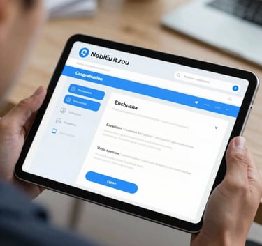 A close-up of a professional in business attire in a North American setting, holding a tablet showing a clean, modern educational interface with light blue accents.