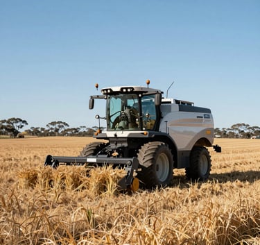 A crisp, professional photograph of a sun-drenched Australian farm during the harvest season, with clear blue skies and modern agricultural equipment. Clean, bright composition reflecting reliability.