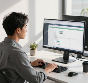 A professional business consultant in modern attire working at a clean, minimalist workstation with dual monitors showing organized workflows, located in a bright North American office space with soft morning sunlight.
