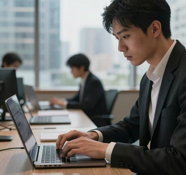 A focused professional typing on a high-end laptop in a modern North American co-working space, with blurred city architecture visible through a large window in the background, emphasizing efficiency and innovation.