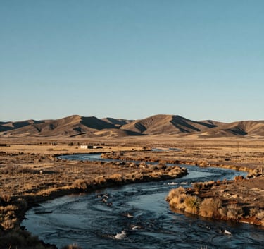 A wide, majestic view of an American Indigenous reservation landscape with flowing water and sacred hills under a vast, clear sky. Cinematic lighting with a sense of authority and timelessness.