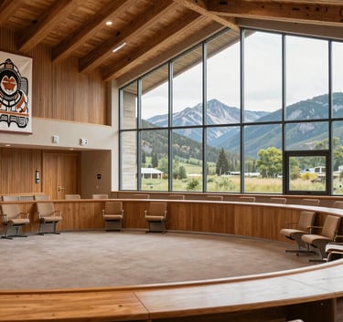 A wide shot of a contemporary tribal council chambers featuring North American Indigenous architectural elements, clean lines, and large windows looking out to a mountain landscape. Professional atmosphere.