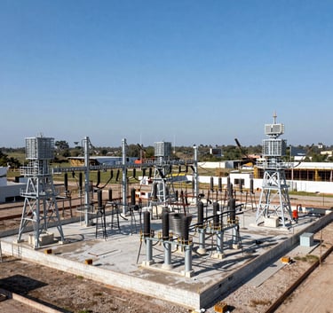 A panoramic view of an industrial electrical substation under construction in Reynosa, Mexico. Metallic towers rise against a vast landscape, showcasing expert engineering and large-scale civil works. Bright, professional photography.
