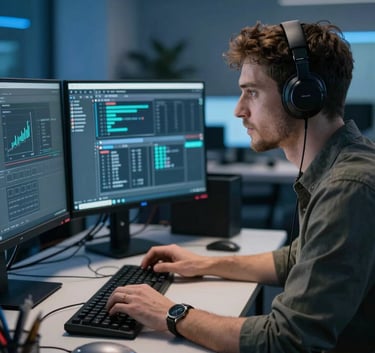 A professional developer focusing on a dual-monitor setup in a high-tech Eastern European / Tech environment, atmospheric medium blue lighting, wearing modern smart-casual attire.
