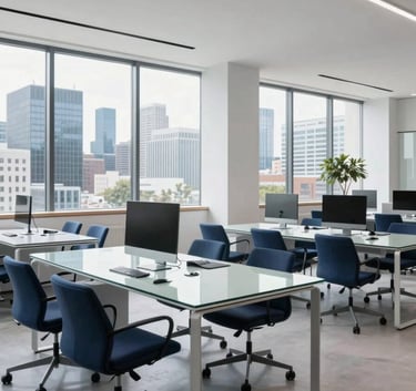 A wide shot of a bright, contemporary tech workspace in Eastern European / Tech style, featuring minimalist glass tables and navy blue accents, with large windows overlooking a modern skyline.