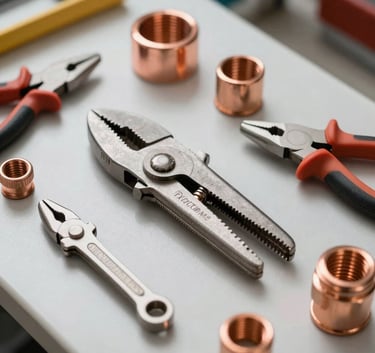 Professional plumbing tools laid out neatly on a clean workshop surface. A pipe cutter, pliers, and copper fittings are visible under soft, natural daylight. The aesthetic is organized and modern. Western European / French style.