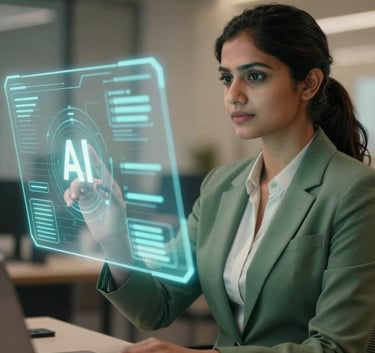 A professional Indian woman in a modern office environment, confidently interacting with a holographic interface displaying AI data visualizations. The lighting is warm and empowering, featuring brand colors #456E5E and #F3F7F5.