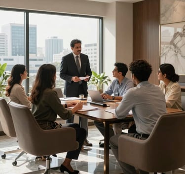 An interior shot of a sophisticated real estate office in Gurgaon with high-end furniture and marble floors. In the background, a South Asian / Indian professional is seen consulting with clients in a sunlit meeting room with views of the urban skyline.